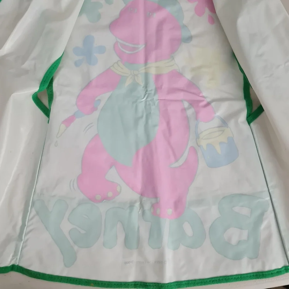 Vintage Barney Art Smock Bib Kids One Size Paint Apron Pocket Colorful 90s